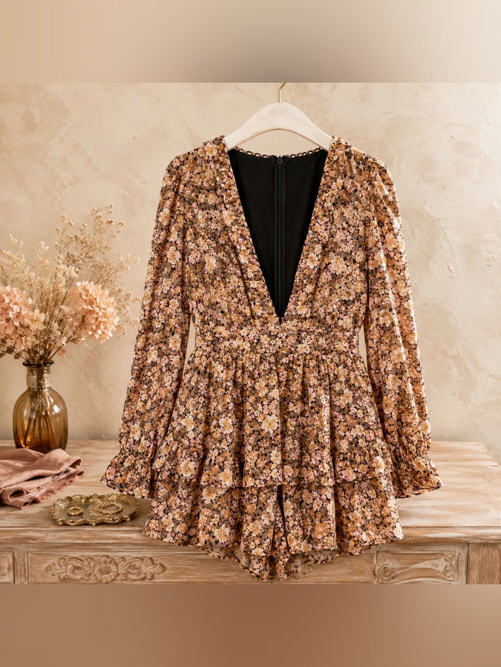 Showpo Mustard Pink Floral Plunge V-Neck Tiered Romper Long Sleeve
